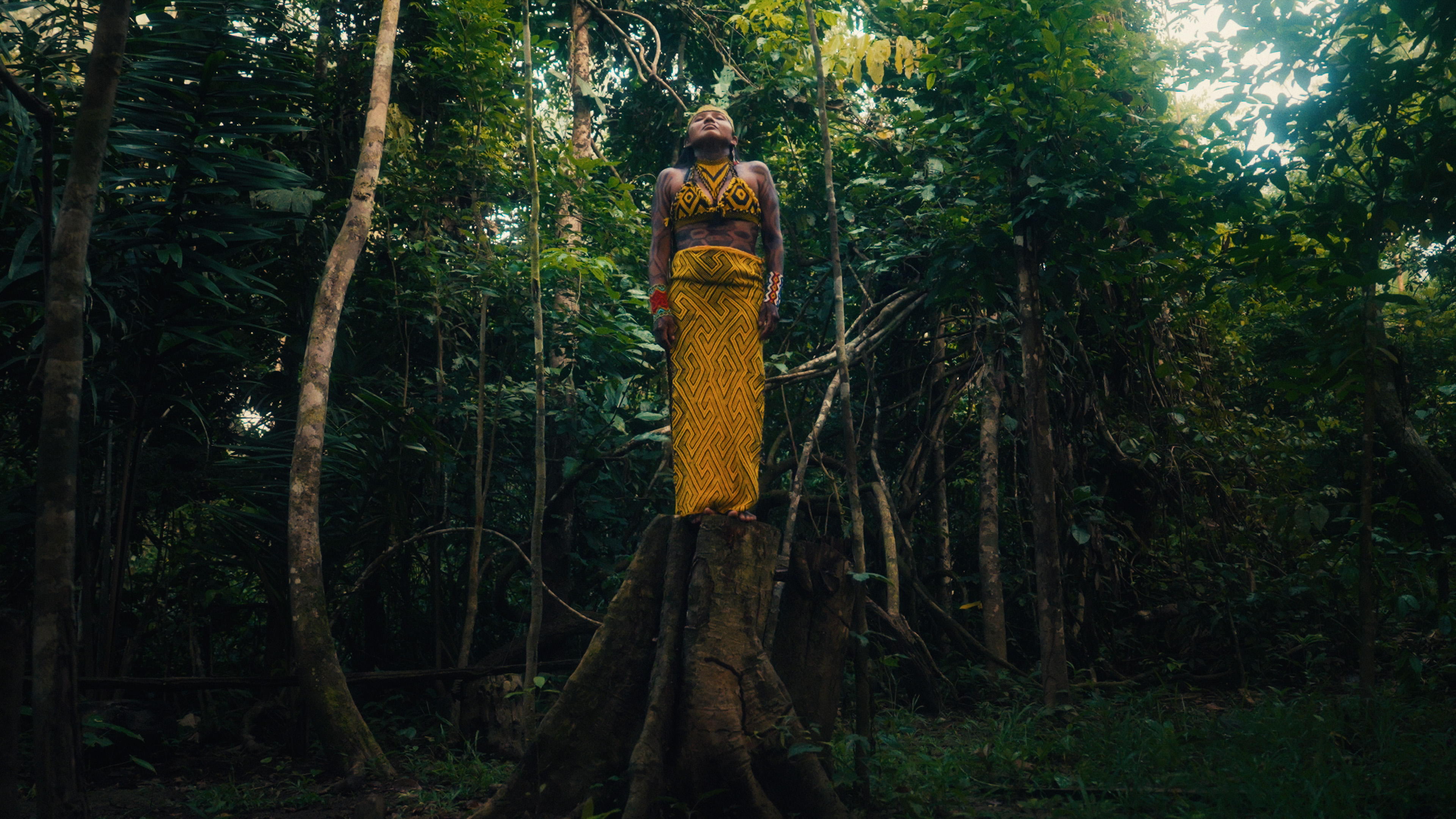 A Huni Kuin woman standing on a tree stump in the forest, face lifted to the light